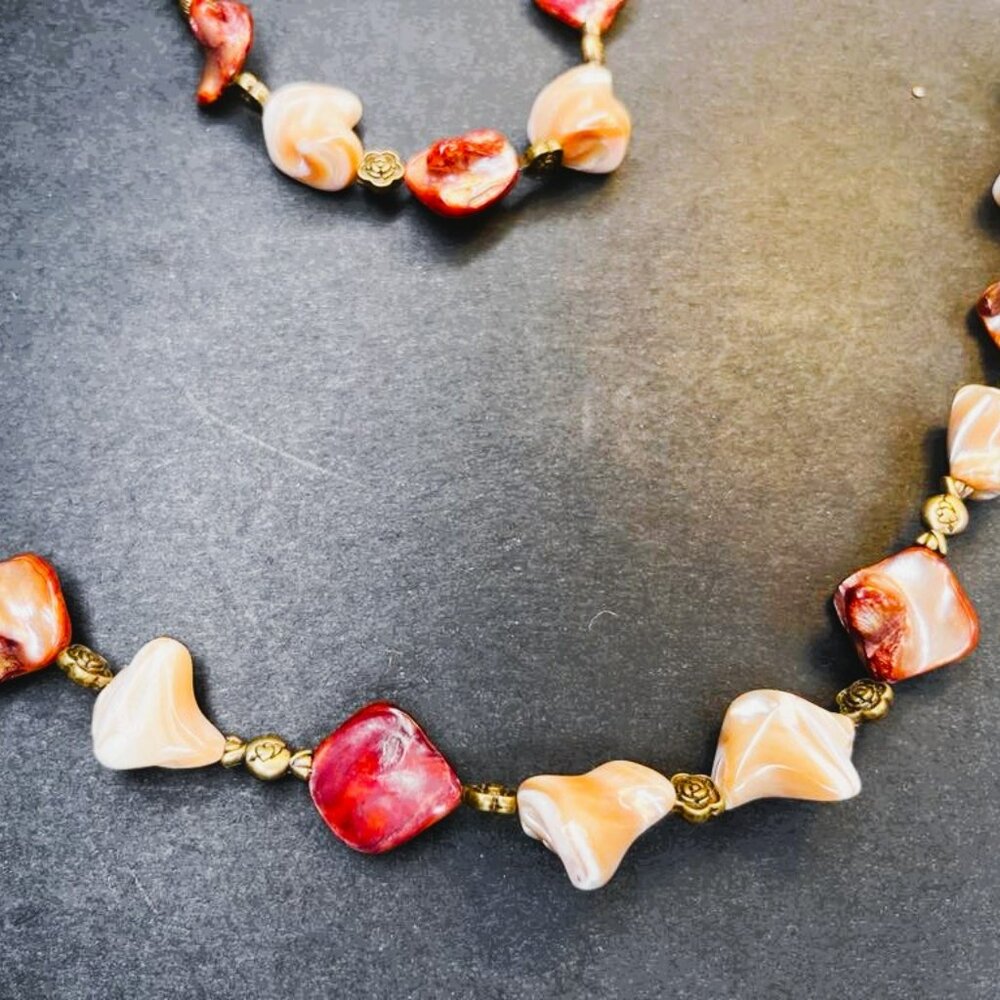 Mother of Pearl Long Necklace Rose Designer Handmade NWT